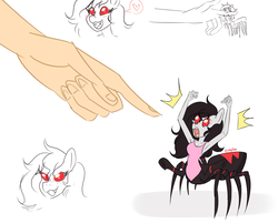Size: 3529x2841 | Tagged: safe, artist:kaikururu, oc, oc only, oc:charlotte silk, black widow, drider, monster pony, original species, spider, spiderpony, anthro, adorable distress, angry, anthro oc, armpits, biting, clothes, cute, finger bite, gift art, hand, high res, incorrect black widow marking placement, micro, nom, offscreen character, request, scared, shirt, sketch, smol
