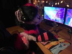 Size: 3264x2448 | Tagged: safe, artist:epicrainbowcrafts, artist:silly-filly1337, twilight sparkle, pony, g4, clothes, computer, headphones, high res, irl, microsoft windows, photo, plushie, socks, solo, striped socks, windows 8.1