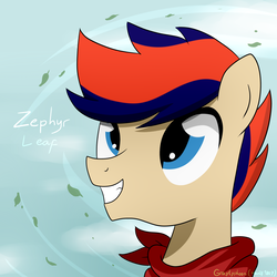 Size: 2000x2000 | Tagged: safe, artist:graytyphoon, oc, oc only, oc:zephyr leaf, pony, bust, clothes, happy, high res, looking up, male, request, scarf, smiling, solo