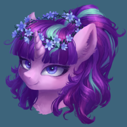 Size: 1467x1473 | Tagged: safe, artist:orchidpony, starlight glimmer, pony, unicorn, g4, alternate hairstyle, beautiful, blue background, bust, ear fluff, female, floral head wreath, flower, flower in hair, fluffy, heart eyes, lidded eyes, looking at you, messy mane, ponytail, portrait, pretty, simple background, smiling, solo, teal background, wingding eyes