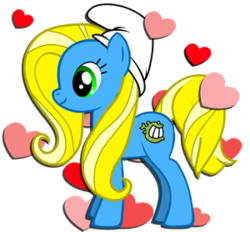 Size: 300x278 | Tagged: safe, oc, oc only, oc:twinkiepie, earth pony, pony, crossover, female, hat, heart, mare, simple background, smurf hat, smurfette, solo