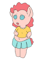 Size: 585x802 | Tagged: safe, artist:anonymous, pinkie pie, earth pony, anthro, g4, belly button, chubby, clothes, fat, female, foal, midriff, muffin top, no pupils, open mouth, simple background, skirt, solo, white background