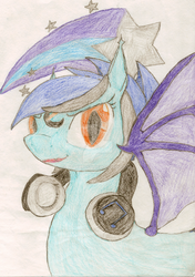 Size: 1024x1452 | Tagged: safe, artist:starkrush, oc, oc only, pony, bat pony oc, bust, crescent moon, cutie mark, headphones, mohawk, old art, portrait, scar, shooting star, smug smile, solo