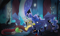 Size: 2500x1500 | Tagged: safe, artist:theroyalartofna, discord, princess luna, oc, oc:ursa moonstorm, hybrid, g4, cute, discute, family, happy, interspecies offspring, male, offspring, parent:discord, parent:princess luna, parents:lunacord, ship:lunacord, shipping, smiling, spread wings, straight, third eye