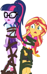 Size: 8220x12734 | Tagged: safe, artist:pink1ejack, sci-twi, sunset shimmer, twilight sparkle, equestria girls, g4, my little pony equestria girls: legend of everfree, absurd resolution, bondage, clothes, glasses, open mouth, shorts, simple background, stuck, tied up, transparent background, vector, vine