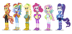 Size: 2500x1181 | Tagged: dead source, safe, artist:madisontuff, applejack, fluttershy, pinkie pie, rainbow dash, rarity, sunset shimmer, equestria girls, g4, my little pony equestria girls: legend of everfree, boots, clothes, cowboy boots, crystal guardian, crystal wings, freckles, geode of empathy, geode of fauna, geode of shielding, geode of sugar bombs, geode of super speed, geode of super strength, high heel boots, high heels, humane five, jewelry, magical geodes, outfit, ponied up, ponytail, shoes, simple background, sneakers, sparkles, sun, super ponied up, white background, wings