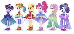 Size: 2500x1181 | Tagged: dead source, safe, artist:madisontuff, applejack, fluttershy, pinkie pie, rainbow dash, rarity, sci-twi, twilight sparkle, equestria girls, g4, my little pony equestria girls: legend of everfree, clothes, crystal gala, dress, gala dress, high heels, humane five, humane six, mane six, outfit, simple background, white background