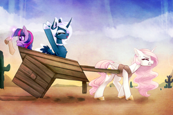 Size: 2880x1913 | Tagged: safe, artist:magnaluna, princess celestia, princess luna, twilight sparkle, alicorn, pony, alternate design, armpits, cart, celestia is not amused, cheering, curved horn, cute, cutelestia, desert, eyes closed, female, glowing horn, lunabetes, magic, open mouth, pink-mane celestia, pulling, royal sisters, schizo tech, smiling, square wheels, struggling, this will end in tears and/or a journey to the moon, trio, trio female, twiabetes, twilight sparkle (alicorn), younger