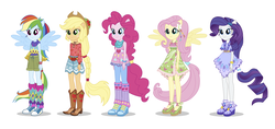 Size: 2500x1181 | Tagged: dead source, safe, artist:madisontuff, applejack, fluttershy, pinkie pie, rainbow dash, rarity, equestria girls, g4, my little pony equestria girls: legend of everfree, boho, camp fashion show outfit, clothes, converse, geometric, high heels, humane five, outfit, ponied up, shoes, simple background, white background