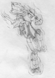 Size: 1024x1441 | Tagged: safe, artist:starkrush, oc, oc only, bat pony, chimera, cyborg, dragon, pony, fallout equestria, aggressive, alternate universe, bat pony oc, claws, cyber eyes, cyber legs, fallout equestria oc, female, old art, pencil drawing, solo, thumbs