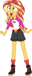 Size: 3000x7095 | Tagged: safe, artist:uponia, sunset shimmer, equestria girls, g4, my little pony equestria girls: legend of everfree, .svg available, absurd resolution, boots, clothes, cute, excited, female, happy, inkscape, legs, open mouth, shimmerbetes, shoes, shorts, simple background, socks, solo, transparent background, vector