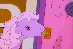 Size: 718x480 | Tagged: safe, screencap, lickety-split, pony, g1, my little pony 'n friends, woe is me, animated, closing, door, doorknob, gif, lip smacking, lullabye nursery, mouth hold, out of context, surprised, turning