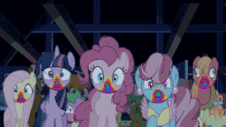Size: 497x279 | Tagged: safe, edit, edited screencap, screencap, big macintosh, cup cake, fluttershy, pinkie pie, rainbow dash, spike, twilight sparkle, alicorn, pony, zombie, 28 pranks later, g4, animated, caption, cookie zombie, dialogue, gif, it's coming right at us, lies, male, rainbow muzzle, song reference, the cranberries, twilight sparkle (alicorn)
