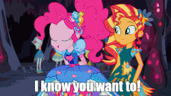 Size: 600x338 | Tagged: safe, edit, edited screencap, screencap, pinkie pie, sunset shimmer, equestria girls, g4, legend of everfree - bloopers, my little pony equestria girls: legend of everfree, animated, censored, female, gif, image macro, meme, speed up