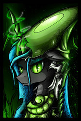 Size: 1600x2400 | Tagged: safe, artist:flamevulture17, queen chrysalis, changeling, changeling queen, g4, armor, bust, female, glowing horn, horn, solo