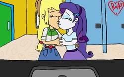 Size: 1131x707 | Tagged: safe, artist:ktd1993, applejack, rarity, human, equestria girls, g4, bathroom, eyes closed, female, kiss on the lips, kissing, lesbian, ship:rarijack, shipping, total drama