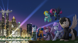 Size: 1280x719 | Tagged: safe, artist:bcpony, lightning dust, soarin', oc, oc:dawn, oc:lightning rider, oc:neon flare, oc:shine racer, oc:storm racer, pegasus, pony, g4, city, cityscape, commission