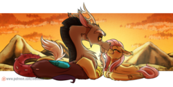 Size: 1024x517 | Tagged: safe, artist:inuhoshi-to-darkpen, discord, fluttershy, draconequus, g4, blushing, cute, eyes closed, lying down, male, nuzzling, prone, scenery, ship:discoshy, shipping, shyabetes, signature, straight, sunset