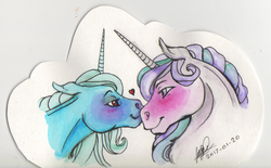 Size: 1024x635 | Tagged: safe, artist:sagastuff94, starlight glimmer, trixie, pony, unicorn, g4, blushing, female, heart, lesbian, mare, ship:startrix, shipping, traditional art