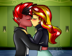 Size: 1750x1350 | Tagged: safe, artist:jack-pie, sunset shimmer, oc, oc:fowac, equestria girls, g4, alicorn oc, canon x oc, canterlot high, clothes, commission, equestria girls-ified, eyes closed, hallway, jacket, kissing, lockers, male, red and black oc, shipping, signature, straight