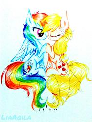 Size: 1536x2048 | Tagged: safe, artist:liaaqila, applejack, rainbow dash, g4, female, lesbian, looking at each other, ship:appledash, shipping, simple background, traditional art, white background