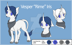 Size: 1024x634 | Tagged: safe, artist:ethaes, oc, oc only, oc:vesper iris, classical unicorn, pony, unicorn, them's fightin' herds, blue hair, clothes, cloven hooves, community related, curved horn, horn, leonine tail, reference sheet, scarf, soul patch, tfh oc, unshorn fetlocks, watermark, white hair