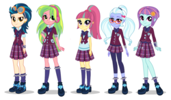 Size: 1296x756 | Tagged: safe, indigo zap, lemon zest, sour sweet, sugarcoat, sunny flare, equestria girls, g4, my little pony equestria girls: friendship games, bowtie, clothes, crystal prep academy uniform, ear piercing, earring, female, glasses, jewelry, piercing, pleated skirt, ponytail, school uniform, shadow five, shoes, simple background, skirt, socks, vest, white background