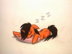 Size: 1420x1080 | Tagged: safe, artist:thefriendlyelephant, oc, oc only, oc:digital sketch, oc:whooves, pony, unicorn, pillow, simple background, sleeping, solo, traditional art, zzz