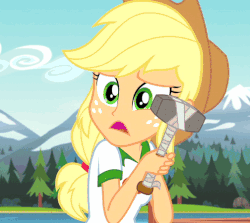 Size: 504x450 | Tagged: safe, screencap, applejack, equestria girls, g4, my little pony equestria girls: legend of everfree, animated, applejack's hat, braid, camp everfree outfits, cowboy hat, cropped, female, forest, freckles, gif, hammer, hat, holding, mountain, mountain range, solo, talking, water