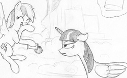 Size: 1081x665 | Tagged: safe, artist:t72b, derpibooru exclusive, rainbow dash, twilight sparkle, alicorn, pegasus, pony, g4, top bolt, airhorn, cloud, eyes closed, female, floppy ears, grayscale, lidded eyes, mare, monochrome, traditional art, twilight sparkle (alicorn)