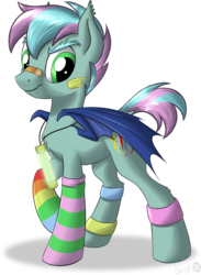 Size: 1094x1493 | Tagged: safe, artist:sirzi, oc, oc only, oc:party hard, bat pony, pony, bandaid, bandaid on nose, clothes, commission, glowstick, rainbow socks, simple background, socks, solo, striped socks, transparent background, ych result