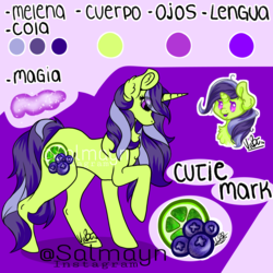 Size: 2000x2000 | Tagged: safe, artist:salmayn, oc, oc only, oc:narándano, pony, unicorn, cutie mark, high res, magic, reference sheet, solo, spanish, translated in the comments, transparent mane, watermark, younger