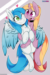 Size: 1280x1920 | Tagged: safe, artist:enryuuchan, oc, oc only, oc:bright heart, oc:tied hooves, pegasus, pony, unicorn, bipedal, duo, heart, looking at each other