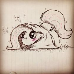 Size: 960x960 | Tagged: safe, artist:lerainbowturtle, fluttershy, pony, g4, blanket, female, photo, solo, traditional art