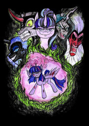 Size: 752x1063 | Tagged: safe, artist:little-winged-angel, king sombra, lord tirek, nightmare moon, queen chrysalis, starlight glimmer, twilight sparkle, alicorn, changeling, pony, unicorn, g4, antagonist, green fire, traditional art, twilight sparkle (alicorn), watercolor painting