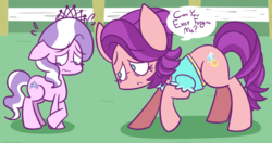 Size: 1024x539 | Tagged: safe, artist:typhwosion, diamond tiara, spoiled rich, earth pony, pony, crusaders of the lost mark, g4, awkward, awkward moment, begging, bowing, clothes, crossed legs, crying, cutie mark, duo, female, filly, forgiveness, frown, good spoiled rich, heartwarming, jewelry, looking down, mare, mother, mother and daughter, nervous, reconciliation, remorse, sad, shirt, speech bubble, sweat, sweatdrop, tiara