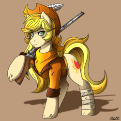 Size: 2400x2400 | Tagged: safe, artist:ciderpunk, derpibooru exclusive, oc, oc only, oc:applesunrise, pony, bandage, clothes, cowboy hat, gun, hat, high res, scarf, shotgun, solo, weapon