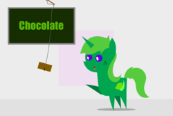 Size: 1024x683 | Tagged: safe, artist:limedreaming, oc, oc only, oc:lime dream, pony, unicorn, bait, chocolate, chocolate bar, fishing, fishing rod, food, freckles, its a trap!, pointy ponies, simple background, solo, text, tongue out