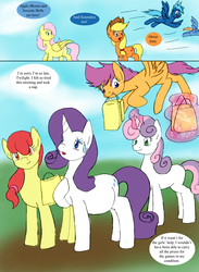 Size: 1000x1368 | Tagged: safe, artist:emilou1985, apple bloom, applejack, fluttershy, scootaloo, sweetie belle, oc, oc:nimbus, oc:skye, comic:signs, g4, alternate universe, bags, cutie mark crusaders, magic, mouth hold, older, pregnant, scootaloo can fly