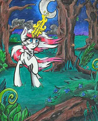 Size: 942x1172 | Tagged: safe, artist:pepperscratch, oc, oc only, oc:peppermint crush, pony, unicorn, female, magic, mare, moon, night, raised hoof, solo, traditional art, tree