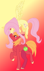 Size: 1024x1636 | Tagged: safe, artist:littlecrazygirl14, big macintosh, fluttershy, earth pony, pony, g4, blushing, flying, gradient background, male, nose kiss, nuzzling, ship:fluttermac, shipping, stallion, straight, watermark