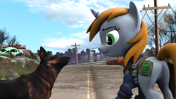 Size: 1024x576 | Tagged: safe, artist:vinuldash, oc, oc only, oc:littlepip, dog, german shepherd, pony, unicorn, fallout equestria, 3d, butt, car, clothes, dogmeat, fallout, fallout 4, fanfic, fanfic art, female, horn, jumpsuit, mare, pipbuck, plane, plot, solo, vault suit