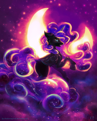 Size: 1600x2000 | Tagged: safe, artist:kp-shadowsquirrel, nightmare moon, g4, crescent moon, female, looking at you, missing accessory, moon, raised hoof, smiling, solo, stars