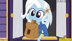 Size: 1771x996 | Tagged: safe, artist:conikiblasu-fan, trixie, equestria girls, g4, to where and back again, bag, clothes, cute, diatrixes, equestria girls interpretation, equestria girls-ified, female, hoodie, humans doing horse things, mouth hold, saddle bag, scene interpretation, silly human, solo, to saddlebags and back again, trixie's wagon