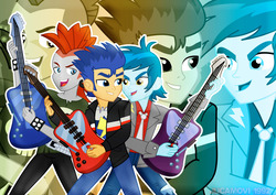 Size: 1600x1131 | Tagged: safe, artist:jucamovi1992, crimson napalm, flash sentry, thunderbass, equestria girls, g4, background human, group, guitar, zoom layer