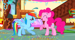 Size: 1360x736 | Tagged: safe, screencap, pinkie pie, rainbow dash, pony, g4, griffon the brush off, my little pony: friendship is magic, eyes closed, laughing, raised hoof