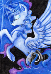 Size: 2425x3477 | Tagged: safe, artist:lunar-white-wolf, princess luna, g4, black background, eyes closed, female, glowing horn, high res, horn, missing accessory, raised hoof, rearing, simple background, solo, traditional art