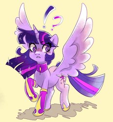 Size: 1073x1155 | Tagged: safe, artist:sunbusting, twilight sparkle, alicorn, pony, g4, blushing, choker, ethereal mane, exclamation point, female, interrobang, large wings, looking back, question mark, raised hoof, simple background, solo, spread wings, starry mane, surprised, twilight sparkle (alicorn), wings