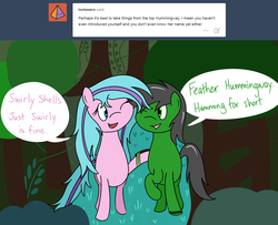 Size: 1280x1039 | Tagged: safe, artist:hummingway, oc, oc only, oc:feather hummingway, oc:swirly shells, ask-humming-way, dialogue, forest, tumblr, tumblr comic