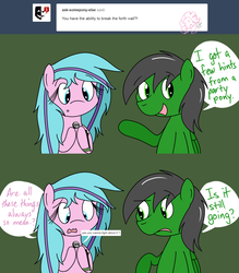 Size: 1280x1463 | Tagged: safe, artist:hummingway, pinkie pie, oc, oc:feather hummingway, oc:swirly shells, ask-humming-way, g4, dialogue, simple background, tumblr, tumblr comic